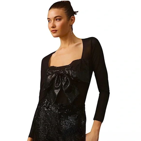 Anthropologie Black Sequin Bow Bodysuit - Size Medium - Picture 1 of 4